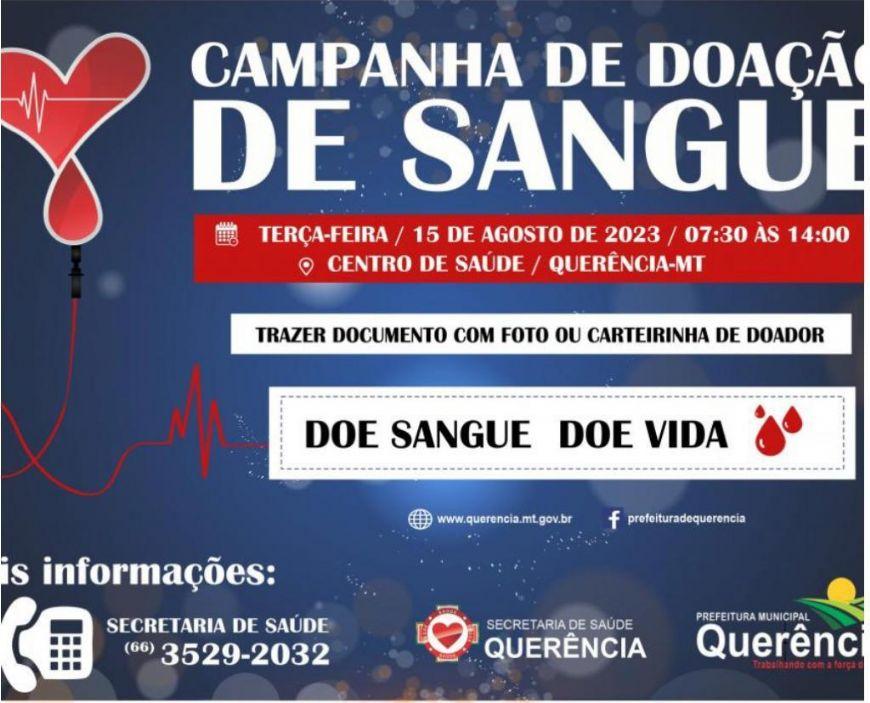 Secretaria de Saúde de Querência realizará campanha de doação de sangue e convida a população para fazer o bem