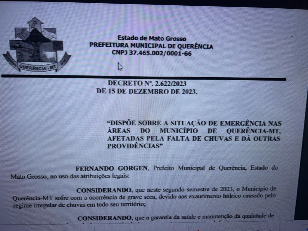 QUERÊNCIA DECRETA SITUAÇÃO DE EMERGÊNCIA DEVIDO A ESTIAGEM DE CHUVAS DESTE ANO.